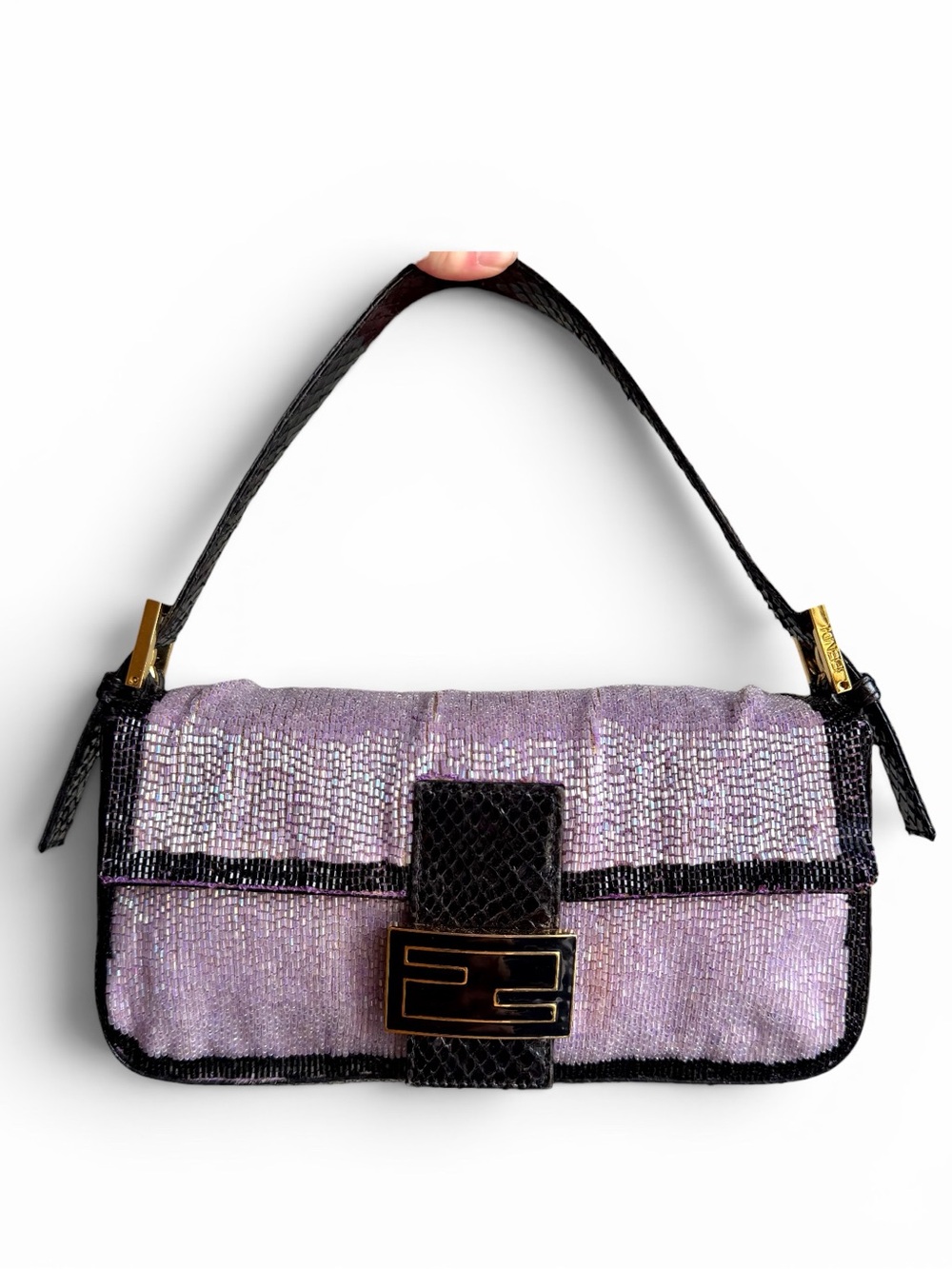 Vintage Fendi Iridescent Lilac Beaded Python Baguette